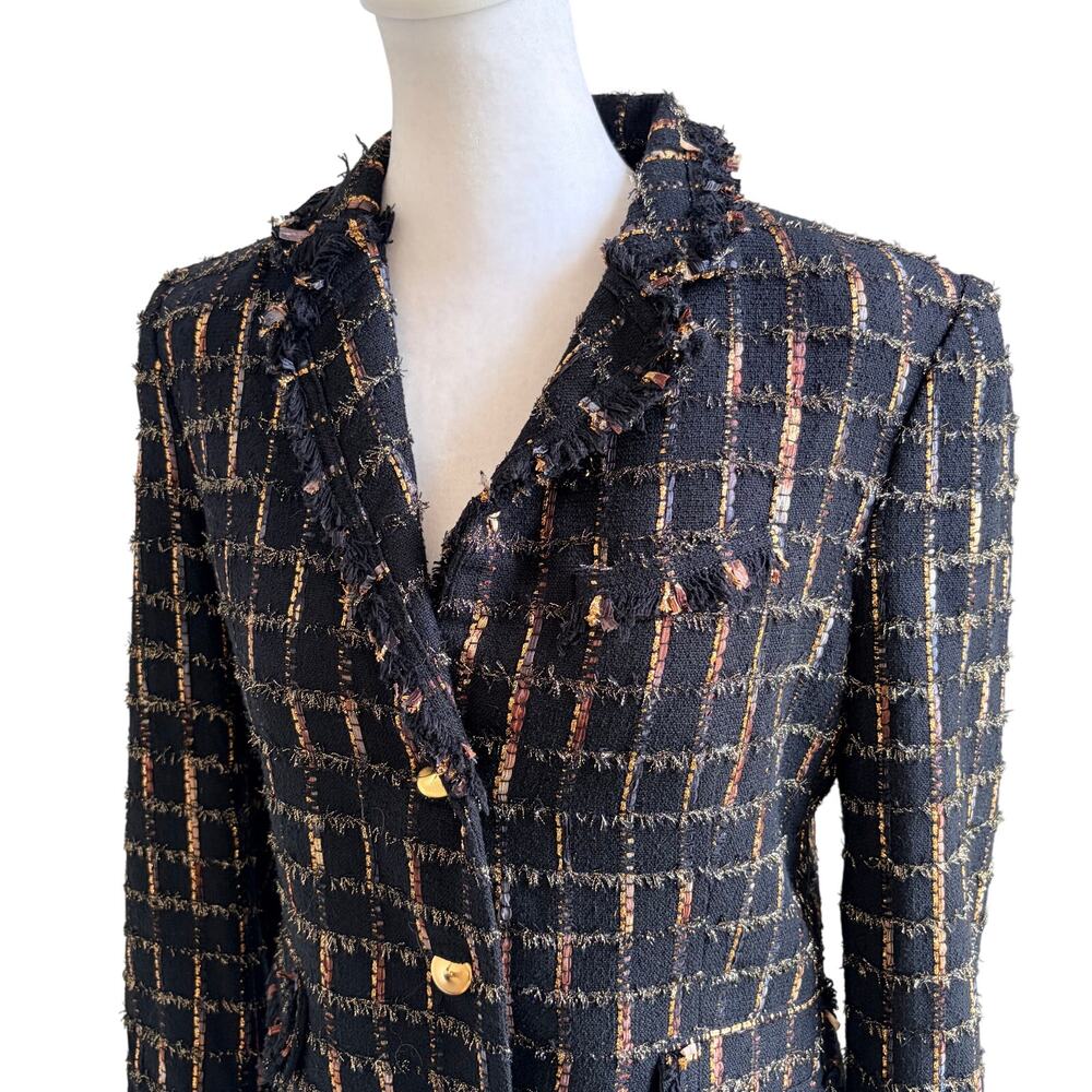 Alice + Olivia Luxe Metallic Grid Tweed Blazer Black Gold Medium Luxury Capsule - Picture 3 of 8